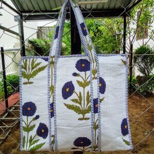 Reusable Quilted Cotton Tote Bag – Hand Screen-Printed Floral Design White